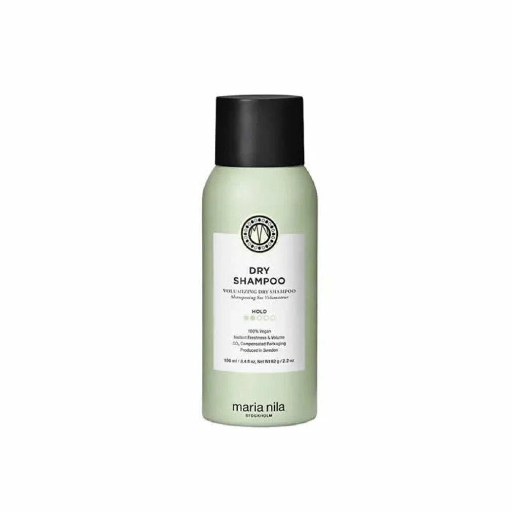 Maria Nila Dry Shampoo, flacon de 100ml avec bouchon noir. Étiquette vert clair avec informations produit.