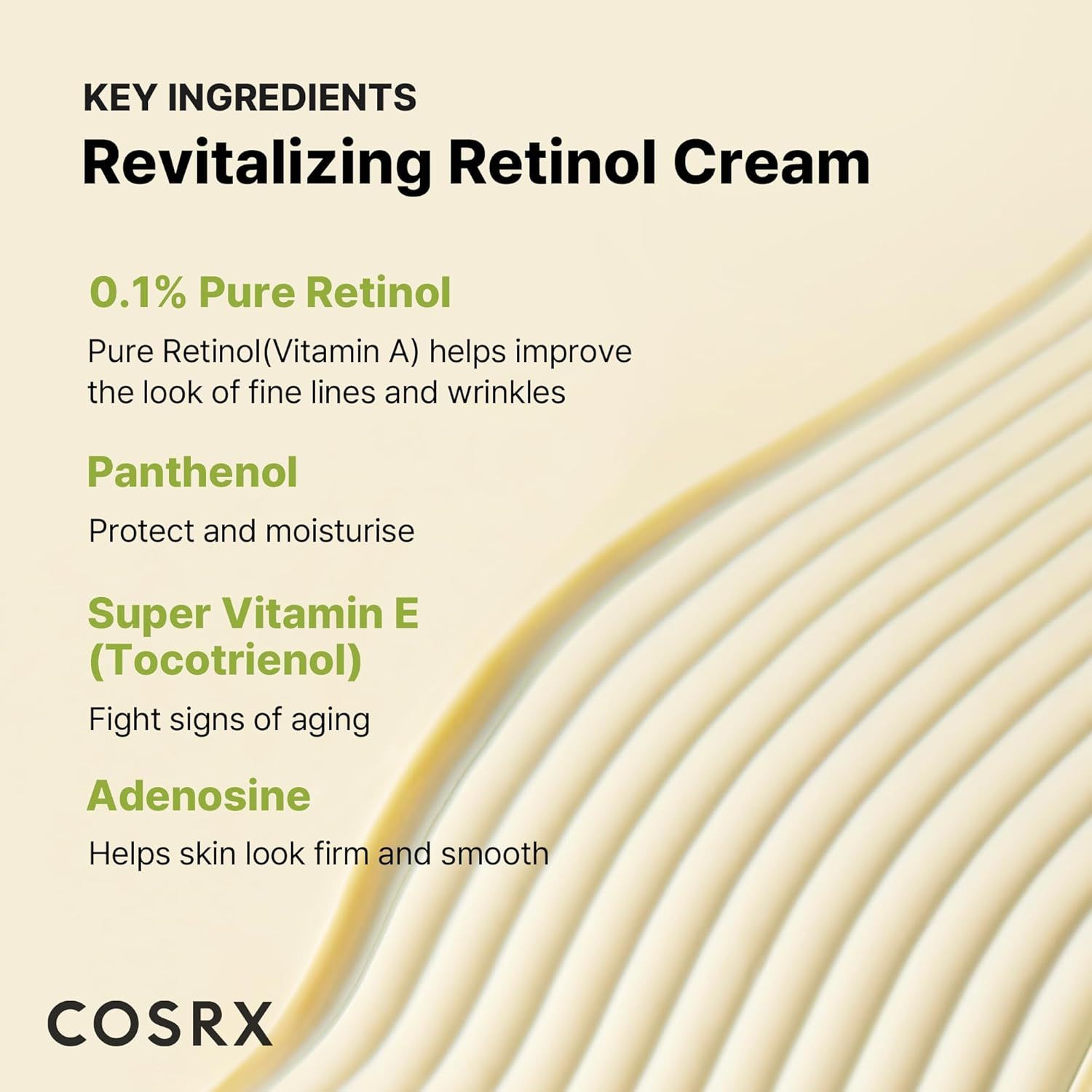 Texte 'Revitalizing Retinol Cream' avec liste des ingrédients comme le rétinol, le panthénol et la vitamine E.