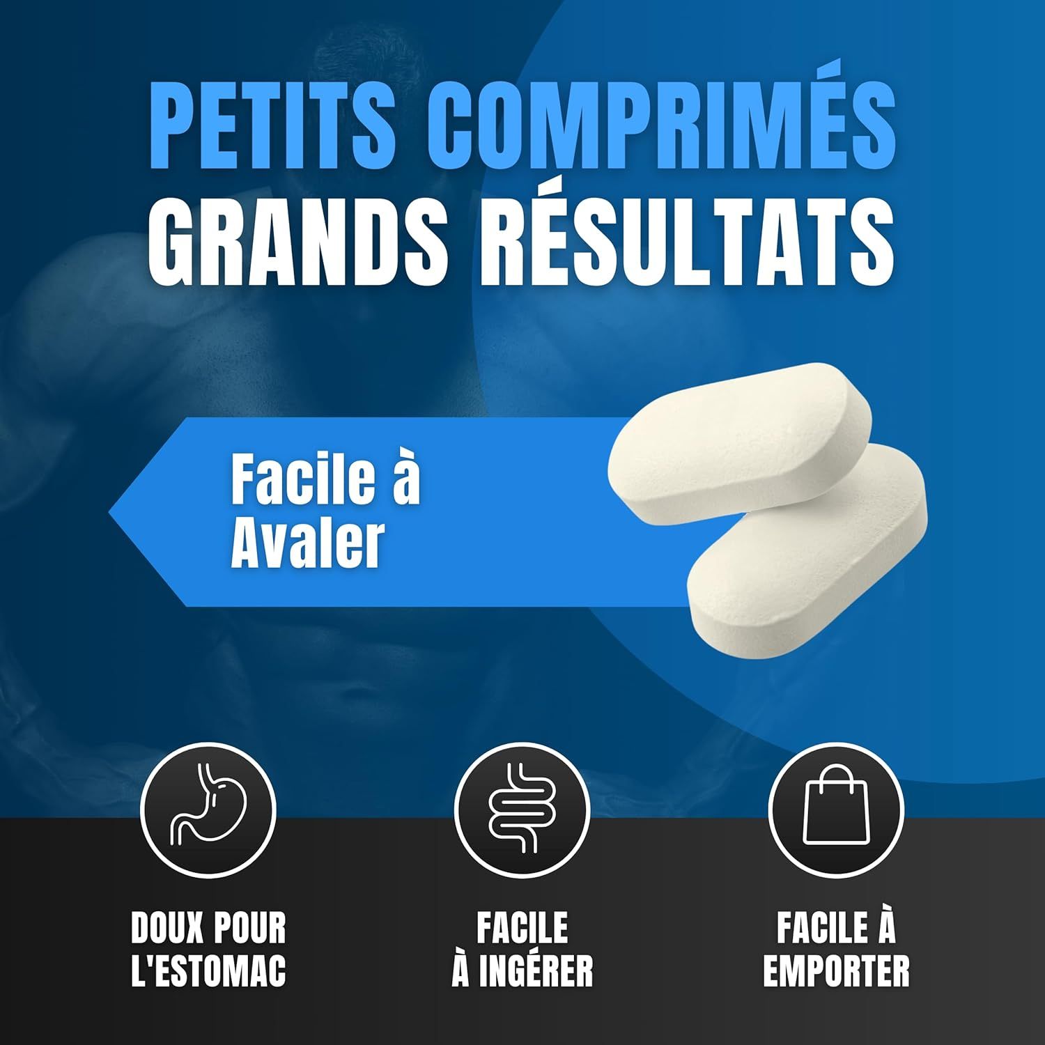 Twee tabletten. Tekst: Gemakkelijk te slikken, zacht voor de maag, gemakkelijk in te nemen, gemakkelijk mee te nemen.