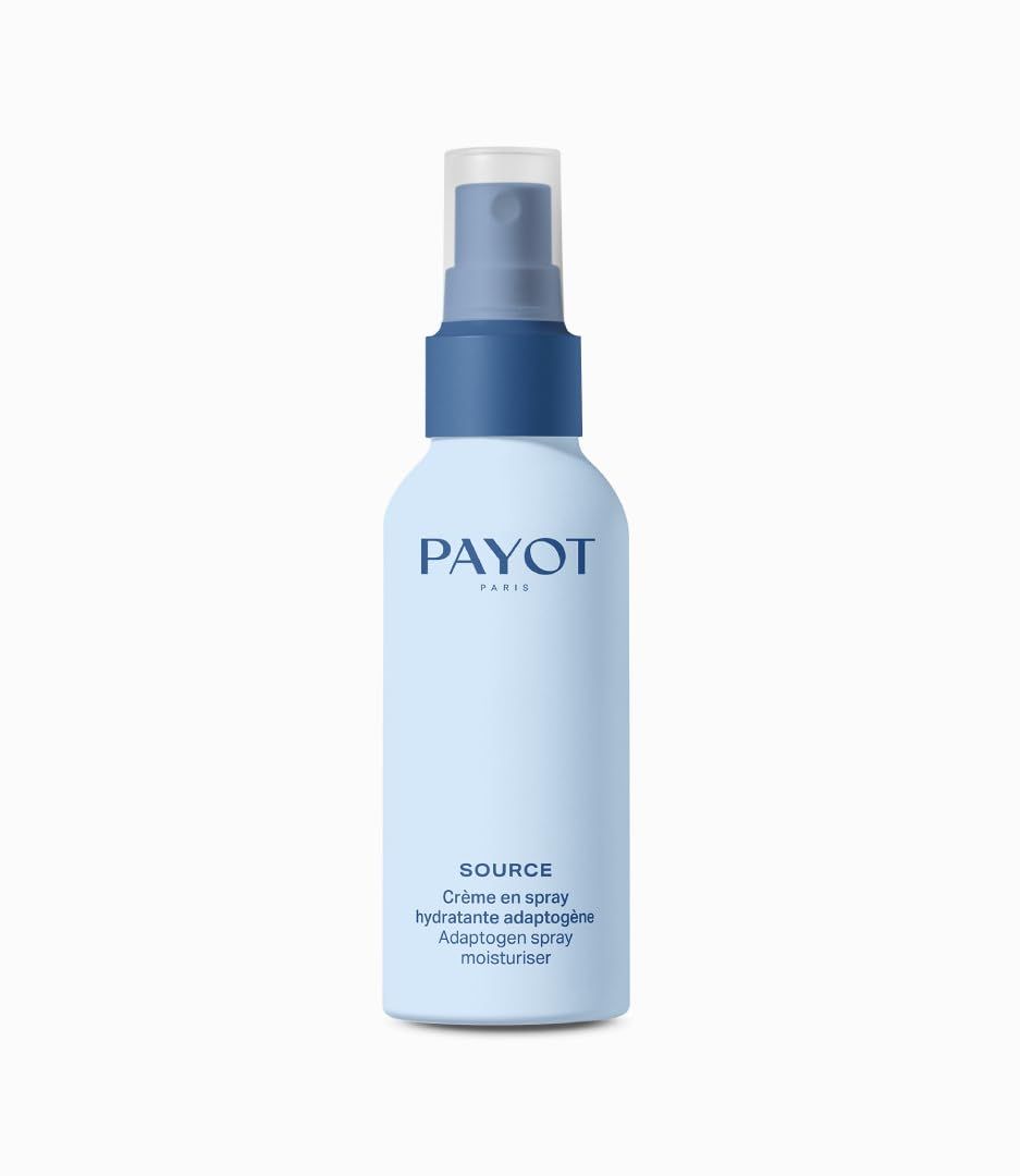 Lichtblauwe sprayfles met blauwe sproeikop. Opschrift: PAYOT PARIS, SOURCE, Crème en spray hydratante adaptogène, Adaptogen spray moisturiser.