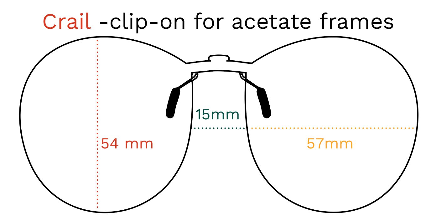 Esquisse du clip-on Crail pour montures acétate. Dimensions: 54mm, 57mm, 15mm.