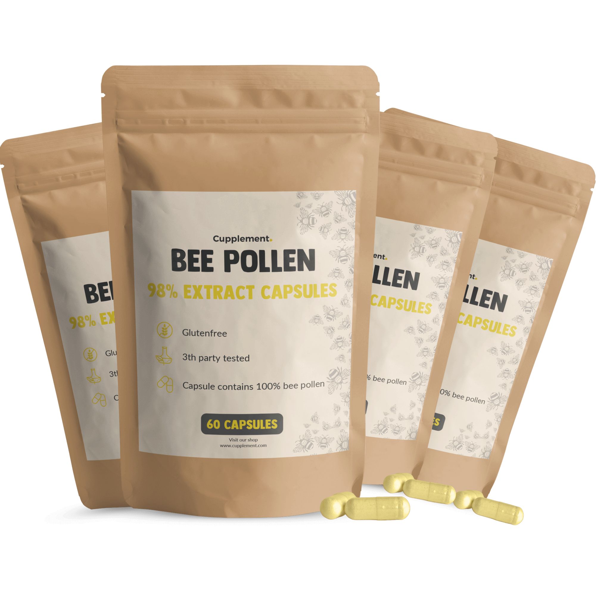 Plusieurs sachets de gélules. Inscription: Bee Pollen 98% Extract Capsules. 60 gélules. Sans gluten.