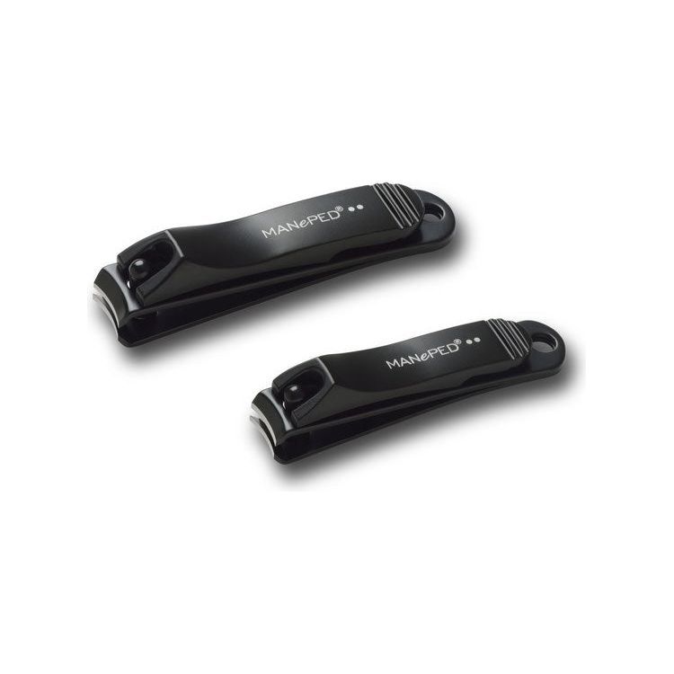 Twee zwarte nagelknippers. MANePED op elk. Gemaakt van roestvrij staal.