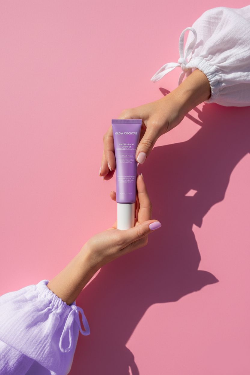 Mains tenant un tube violet avec bouchon blanc. Texte: Glow Cocktail, Restore & Revive Collagen Eye Cream. Fond rose.
