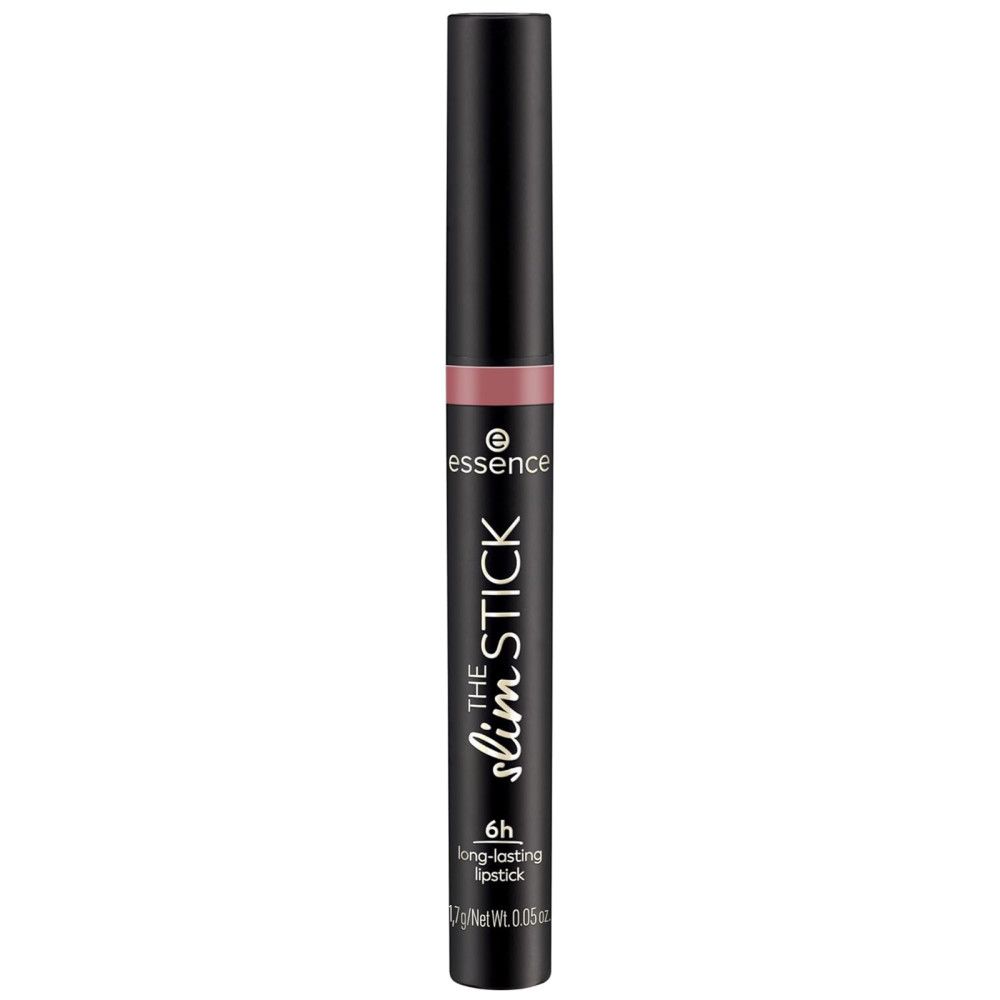 Rouge à lèvres The Slim Stick noir et rose. Marque Essence. Texte: 6h long-lasting lipstick.