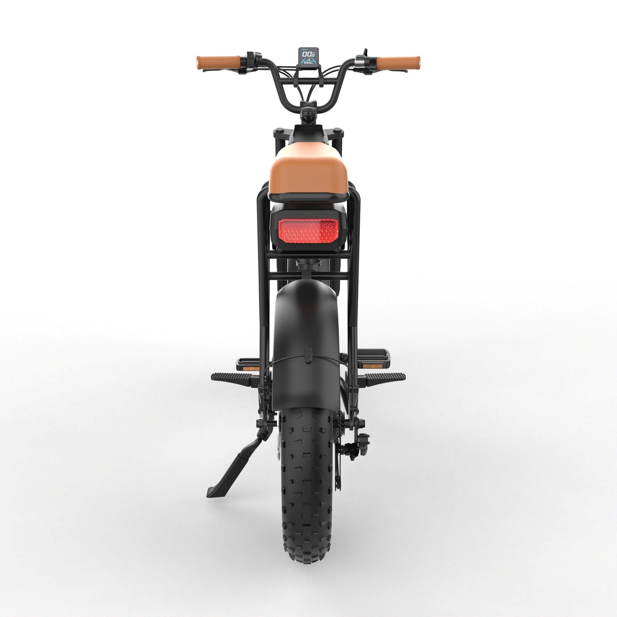 Zwarte e-bike met bruin zadel. Achteraanzicht, brede banden. YAMALI FXH-006.