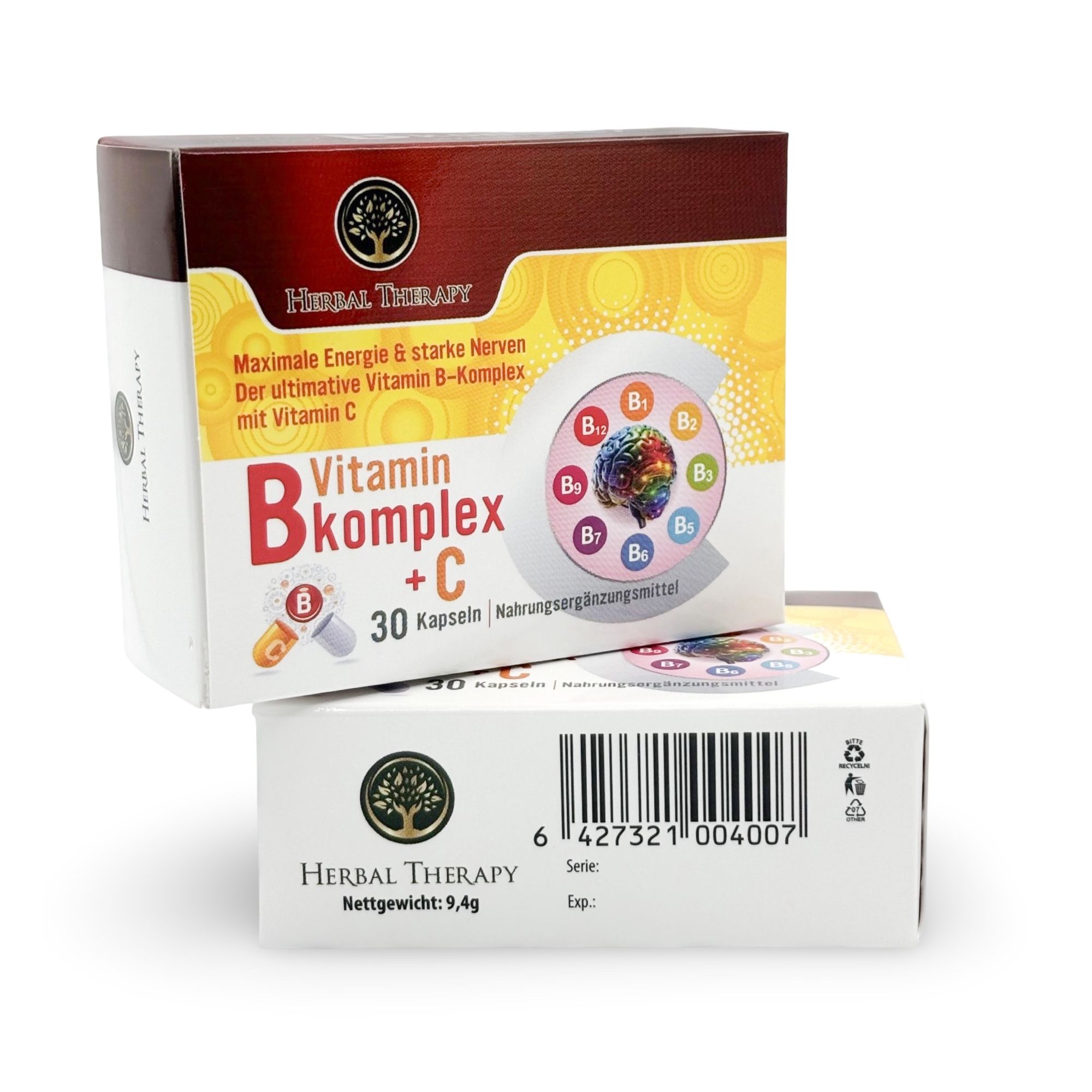 Deux emballages de vitamine B-Komplex + C. Inscription: Herbal Therapy, vitamine B-Komplex + C, 30 capsules. Emballage inférieur avec code-barres.