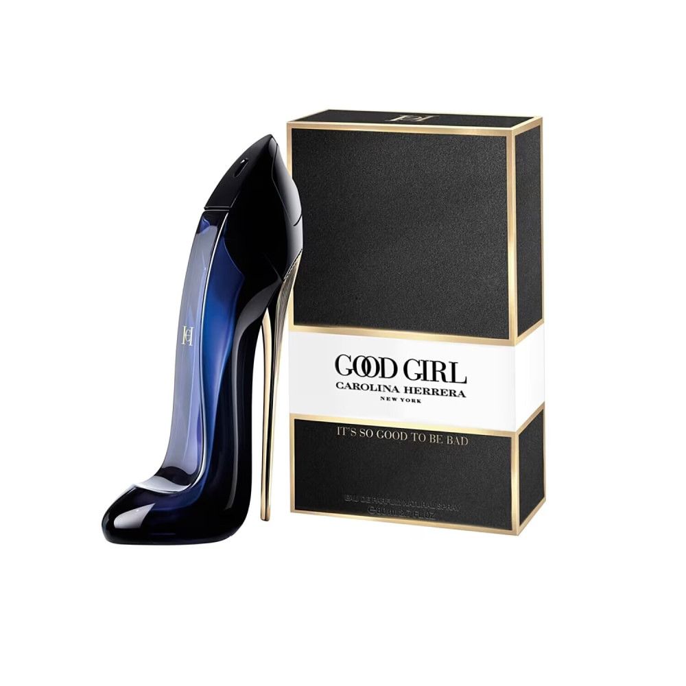 Flacon en forme de chaussure et emballage. Flacon noir avec talon doré. Emballage noir avec accents dorés et nom du produit.