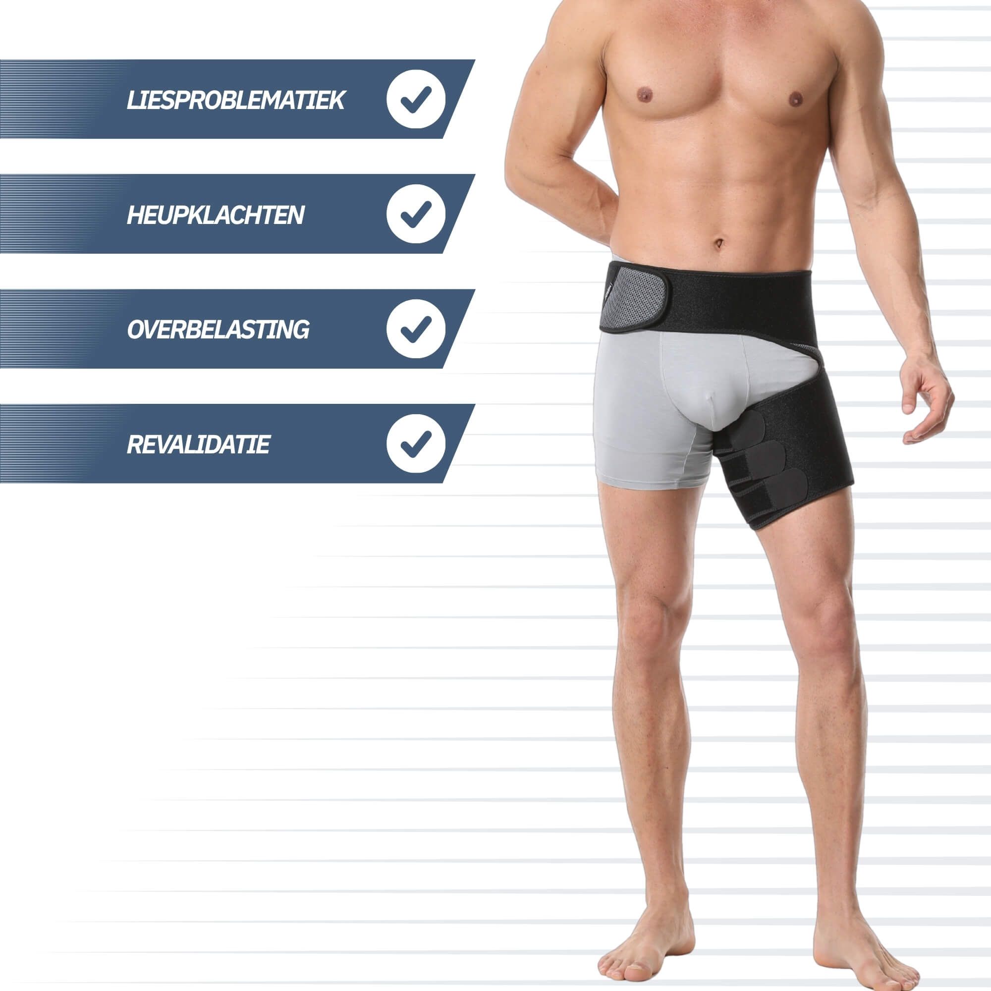 Ceinture de soutien noire pour hanche et cuisse, vue arrière.