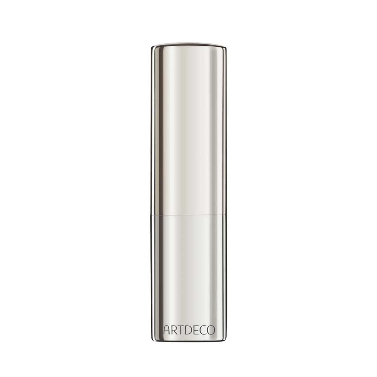 Zilverkleurige lipstick in cilindrische huls. De tekst ARTDECO is onderaan zichtbaar.