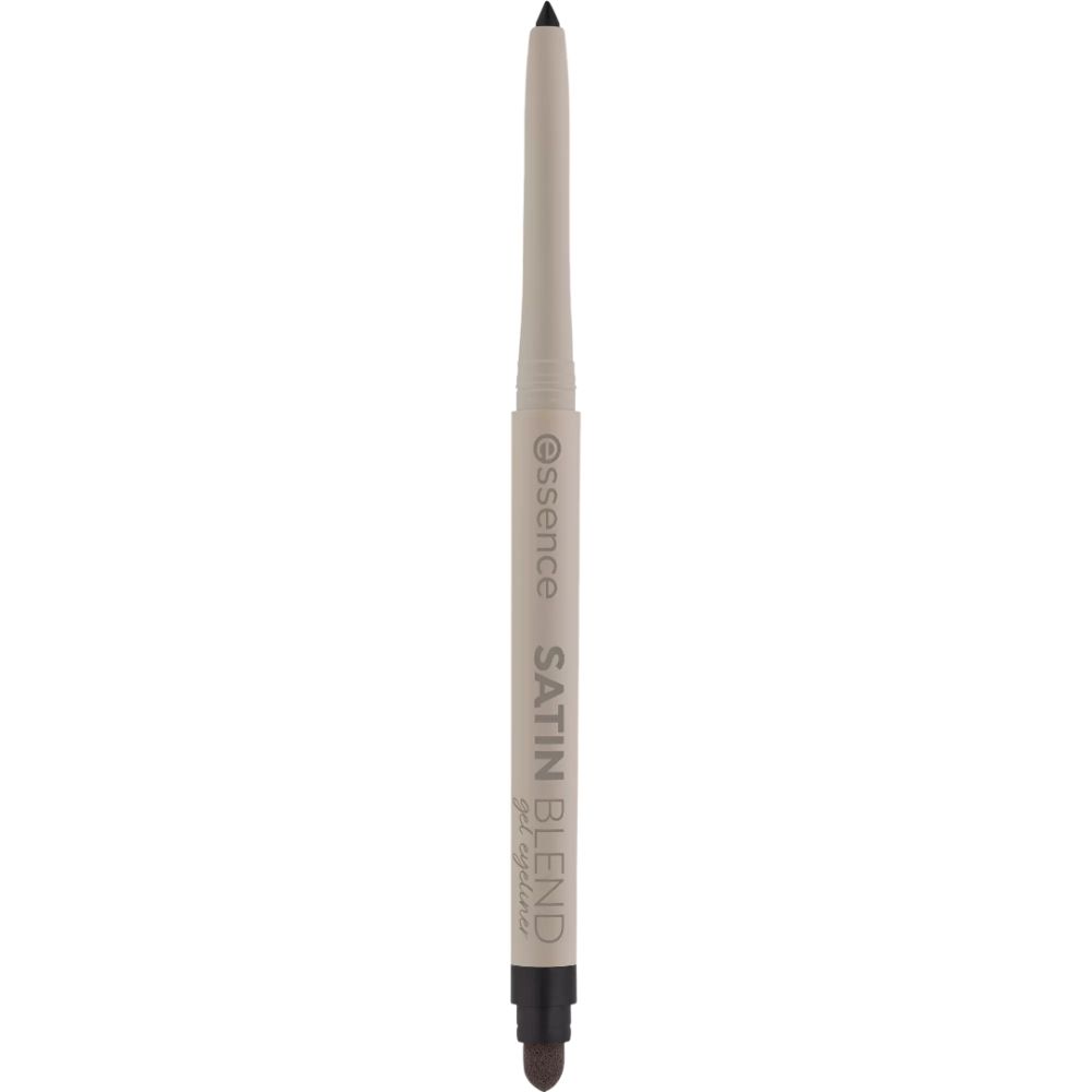Crayon eyeliner beige à pointe noire. Le crayon porte l'inscription 'essence SATIN BLEND gel eyeliner'.