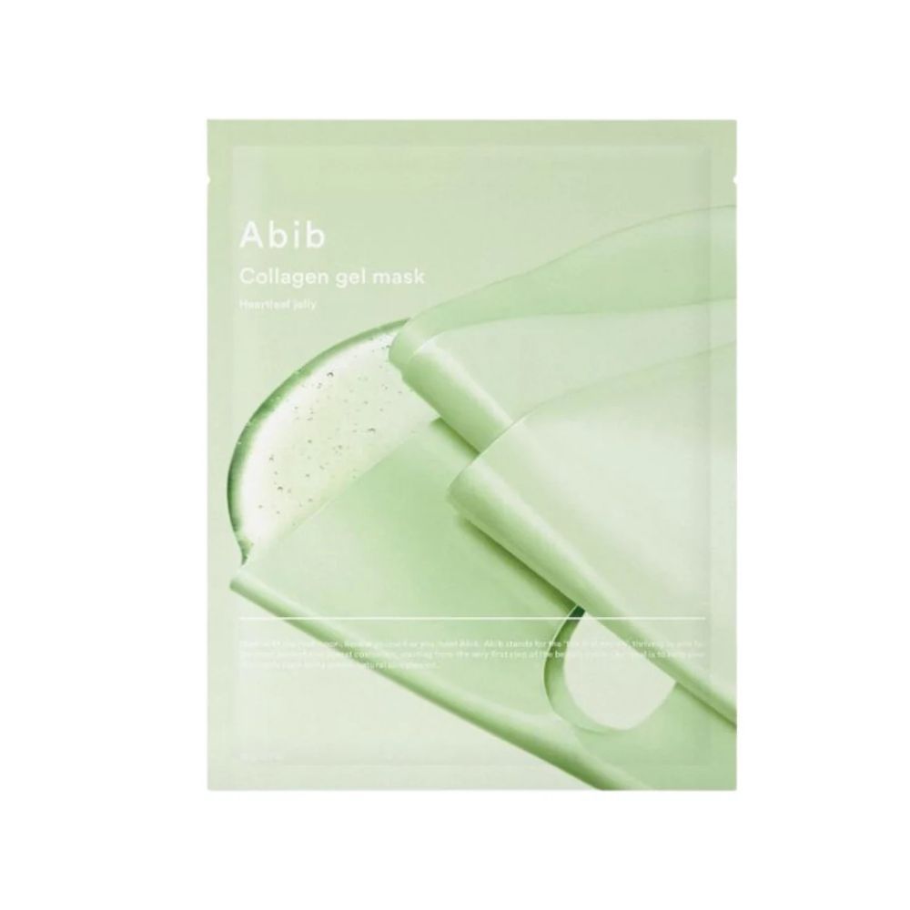 Groene verpakking met product. Opschrift: Abib Collagen Gel Mask Heartleaf Jelly. Gelmasker gedeeltelijk zichtbaar.