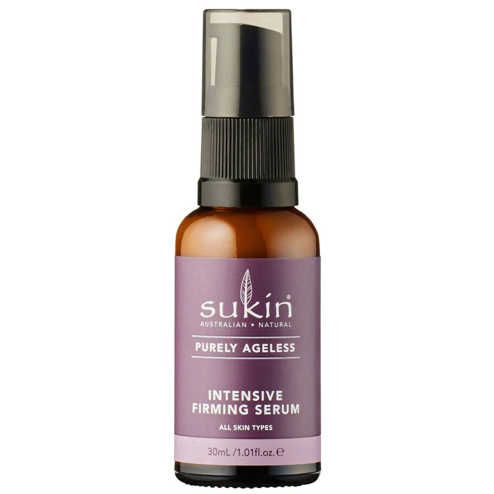 Bruine fles met zwarte pomp. Opschrift: Sukin Purely Ageless Intensive Firming Serum.