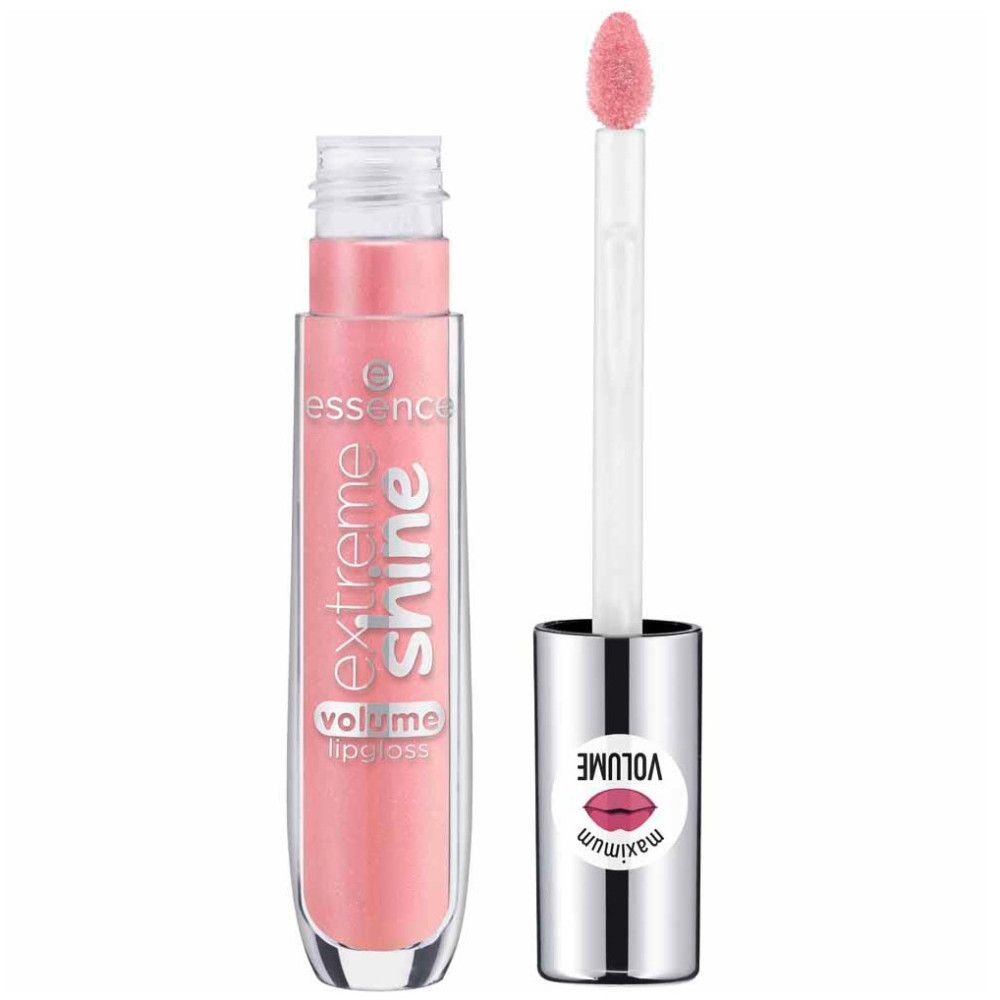 Lipgloss tube met open dop en applicator. Roze inhoud, transparante tube. Opschrift: Extreme Shine, Volume Lipgloss. Zilveren dop.