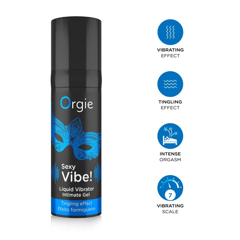Orgie Sexy Vibe! Liquid Vibrator fles met iconen voor vibrerende en tintelende effecten.