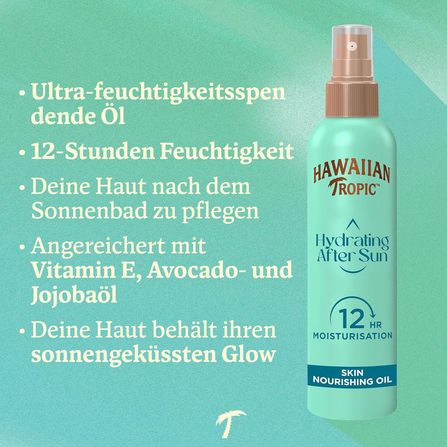 Flacon spray turquoise avec bouchon marron. Texte: Hawaiian Tropic, Hydrating After Sun, 12hr Moisturisation, Skin Nourishing Oil.