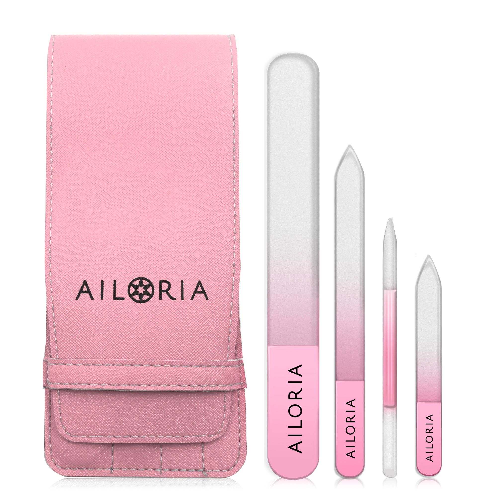 Nagelvijlenset met roze etui. Vier glazen vijlen in verschillende vormen en maten. Roze accenten met merknaam.