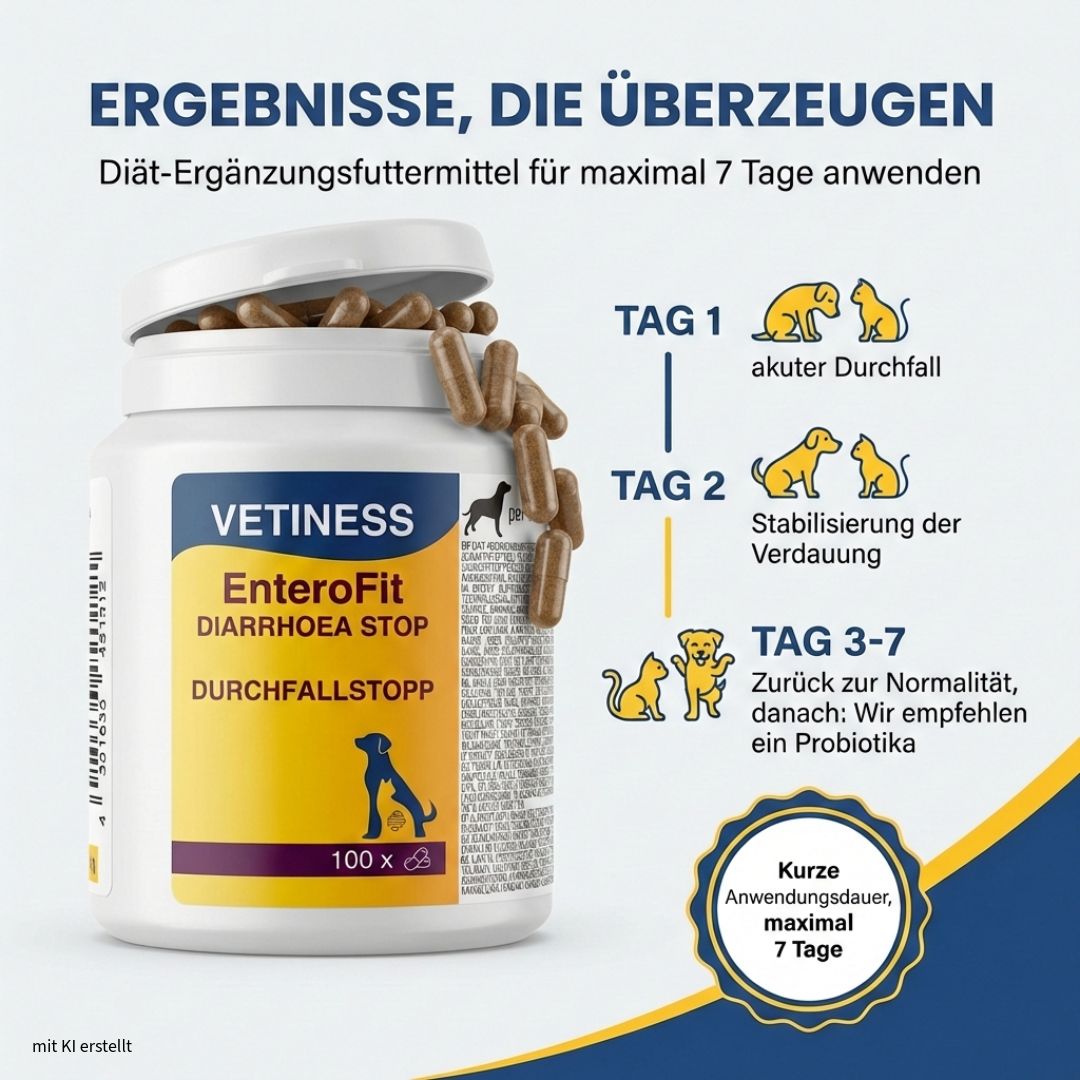 Witte pot met capsules. Tekst: Vetiness EnteroFit Durchfallstopp. Resultaten: Dag 1-7. Gebruik: Dieetaanvullend diervoeder voor max. 7 dagen.