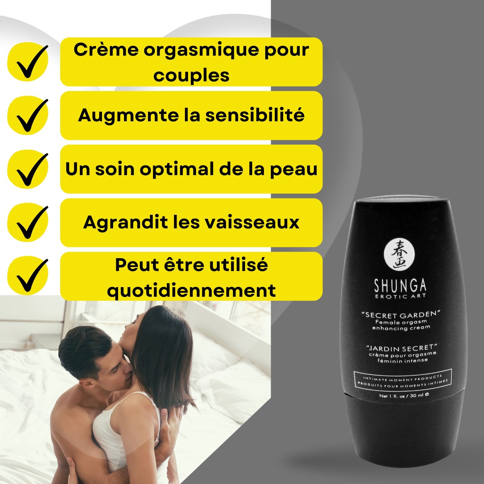 Flacon et texte du produit. Texte en français. Nom du produit : Shunga. Couple en arrière-plan. Symboles de coche.