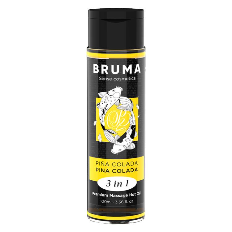 BRUMA 3 in 1 Pina Colada massageolie fles met vis- en citroenafbeelding.