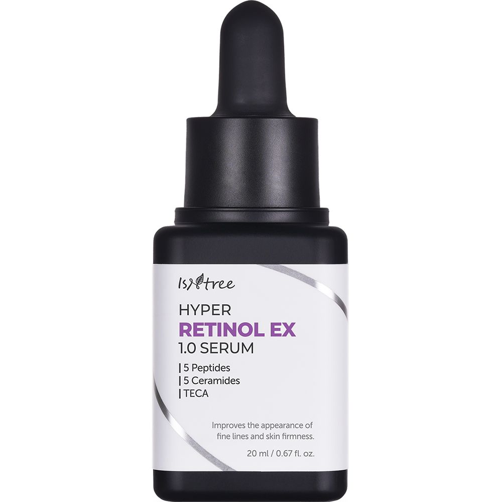 Zwarte fles met wit etiket. Opschrift: Hyper Retinol EX 1.0 Serum. Met druppelaar. 20 ml.