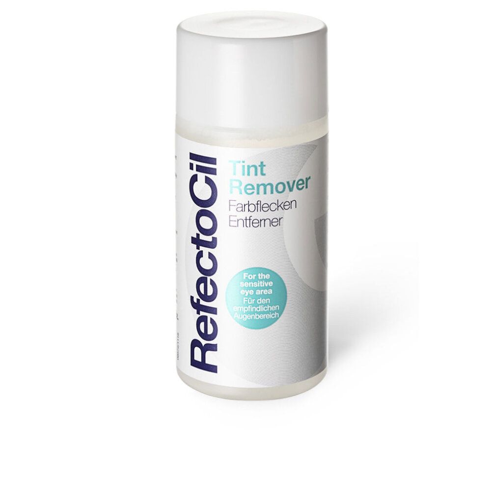 Witte fles RefectoCil Tint Remover. Tekst: Farbfleckenentferner. Voor de gevoelige oogzone. Turkooizen cirkel.