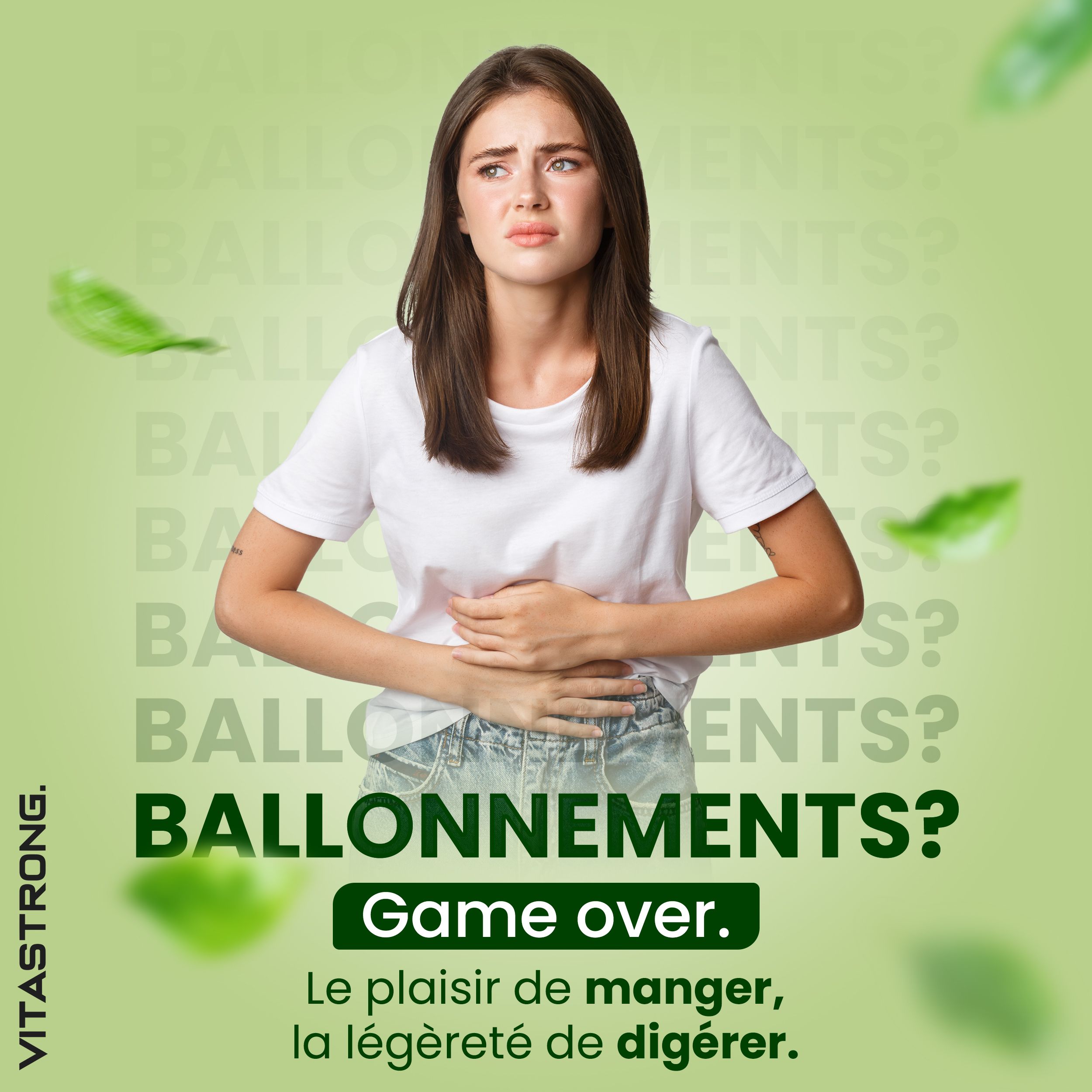 Emballage du produit avec du texte. Texte : Digestion Enzymes. Contient 60 comprimés. Ingrédients.