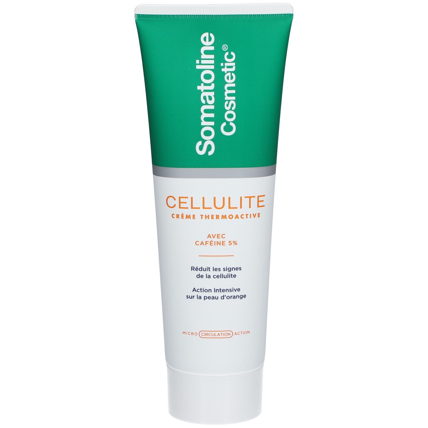 Groene tube met witte dop. Opschrift Somatoline Cosmetic en CELLULITE. Bevat cafeïne 5%.