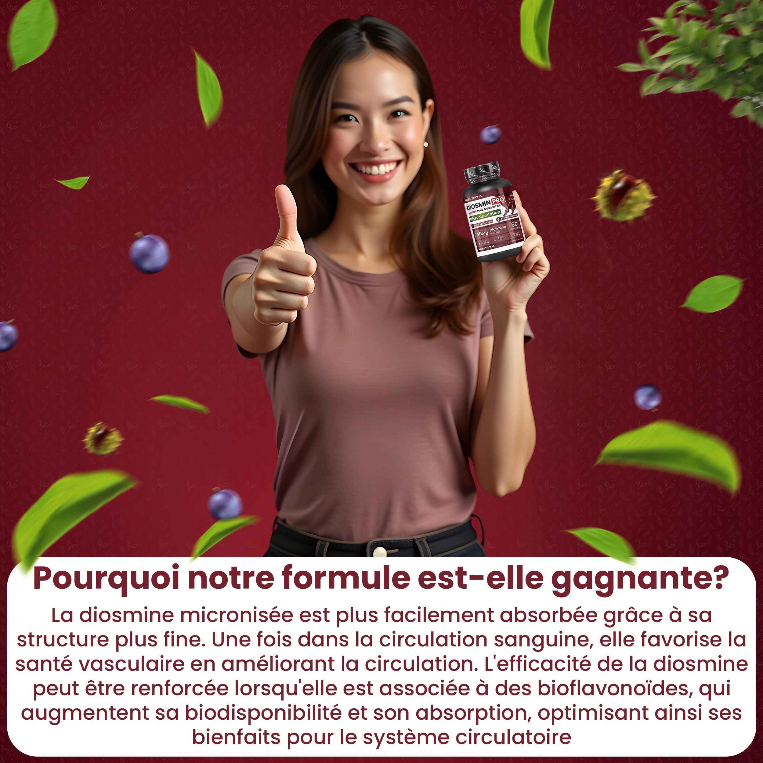 Vitastrong Diosmin PRO. Vrouw met duim omhoog. Fles met tabletten. Tekst: Waarom is onze formule zo succesvol?