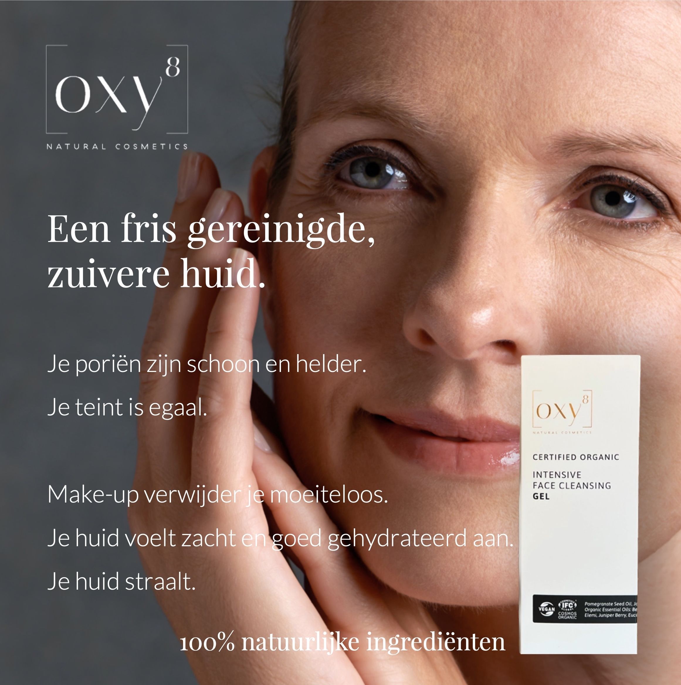 Vrouw wast gezicht. Productfles met tekst en iconen. Tekst: Intensive Face Cleansing Gel. Iconen: druppels, gezicht, pH, etc.