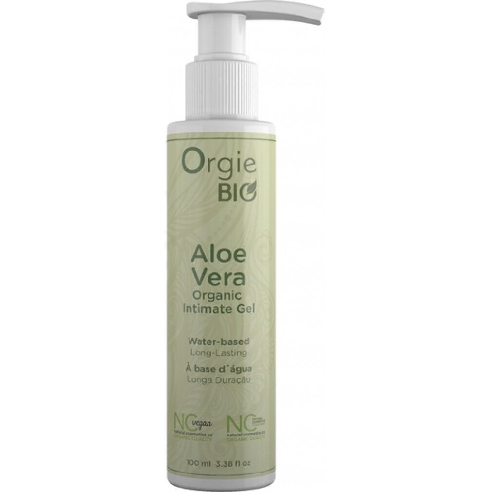Fles met pomp. Opschrift: Orgie BIO Aloe Vera Organic Intimate Gel. Op waterbasis, langdurig.