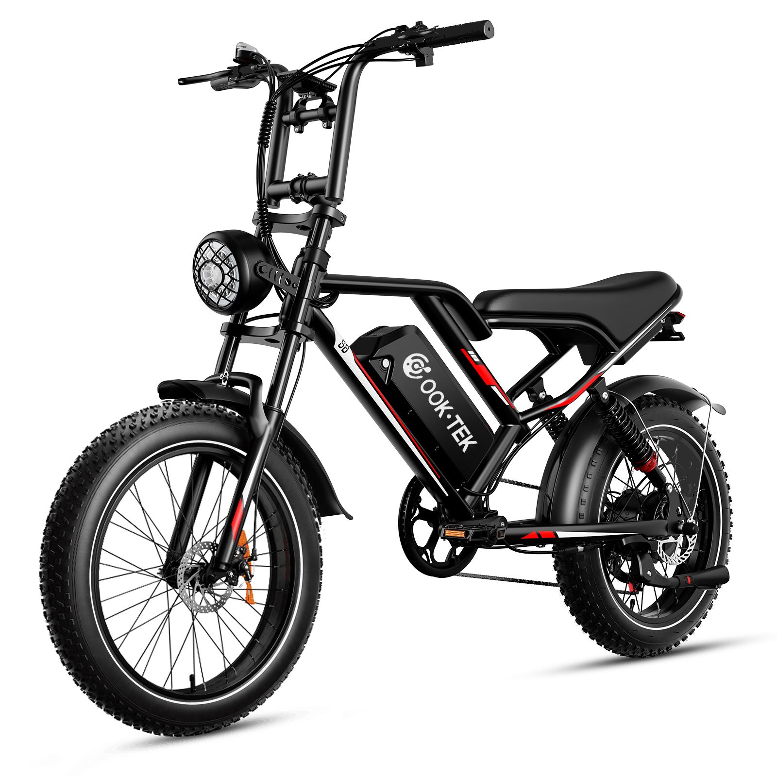 Vélo électrique noir à gros pneus. Phare, selle, batterie avec logo OOK-TEK. Lignes rouges.