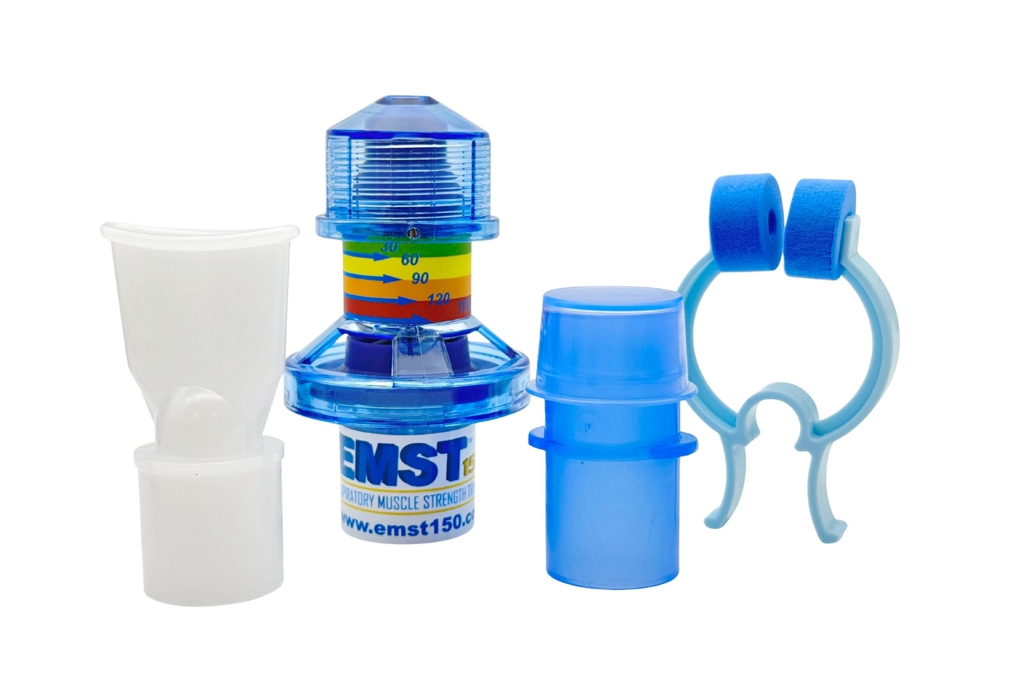 Ademhalingsspiertrainer met mondstuk, neusklem en twee containers.