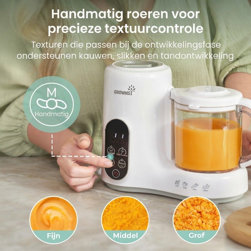 Witte babyvoedingmaker met glazen kan gevuld met oranje vloeistof. Bedieningselementen en textuurvoorbeelden zichtbaar.