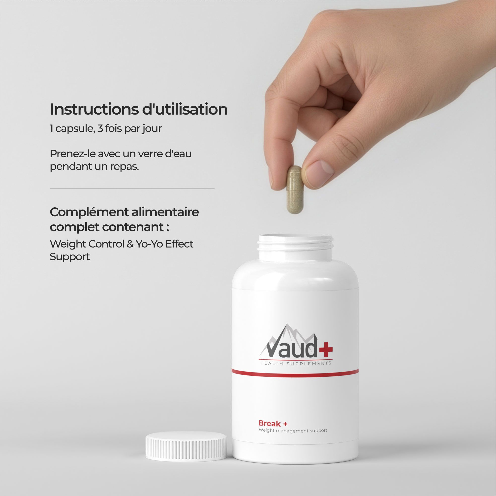 Main dépose une gélule dans un flacon. Texte: 1 gélule, 3 fois par jour. Complément: Weight Control & Yo-Yo-Effect Support.