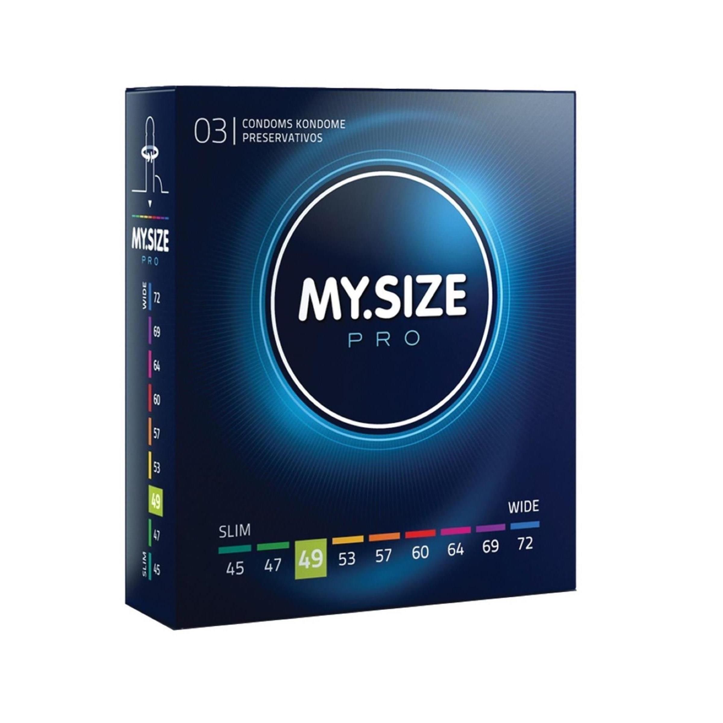 Donkerblauwe doos MY.SIZE PRO. Opschriften: 49mm, Slim tot Wide. Boven: 03, condooms. Zijkanten: maatindicaties.