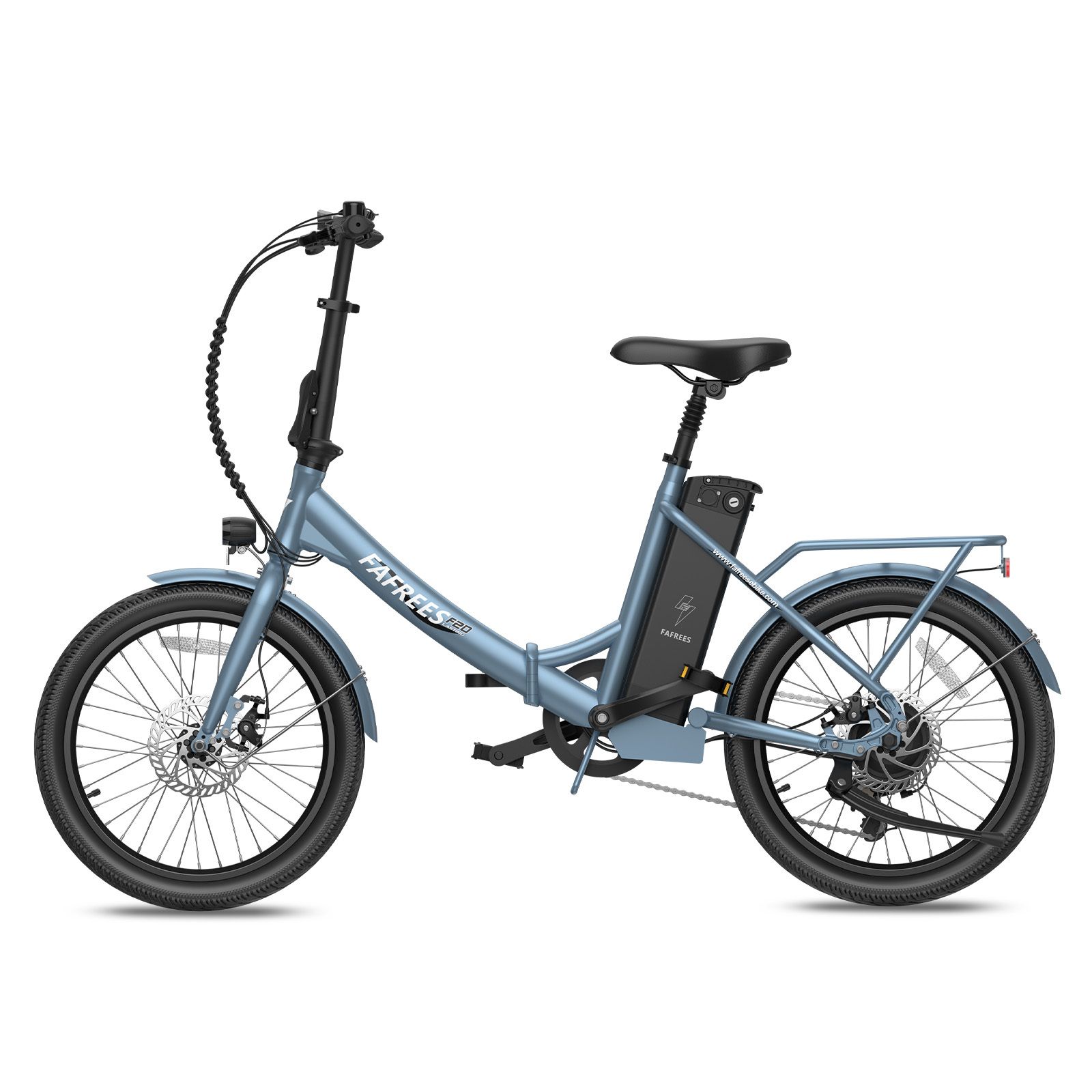 Vélo électrique Fafrees F20 bleu. Cadre pliable, porte-bagages, freins à disque. Batterie sur cadre. Pneus et selle noirs.
