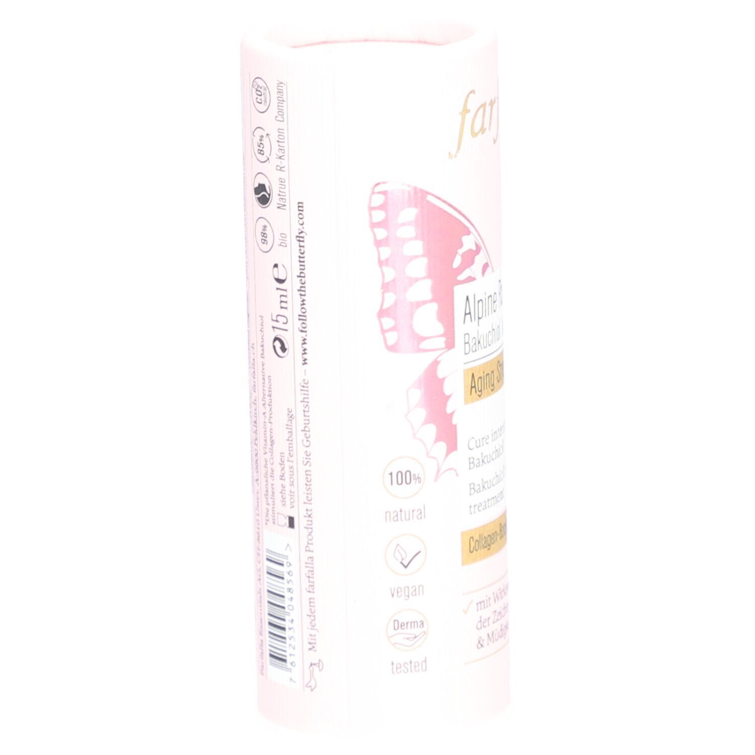 Vue latérale d'un emballage cylindrique rose. Contient du texte, dont "100% natural", "vegan" et "Derma tested".