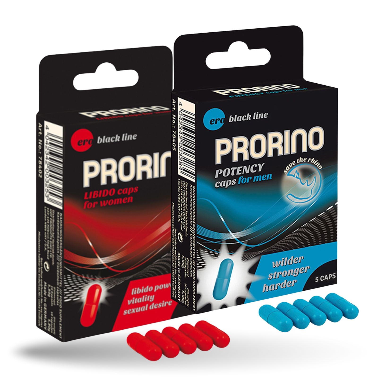 Twee dozen capsules. Opschrift: Prorino, Libido Caps voor vrouwen en Potency Caps voor mannen. Zwarte verpakking.