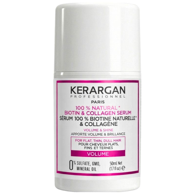 Witte flacon met roze etiket. Opschrift: Kerargan, Biotine & Collageen Serum. Voor volume en glans. 50ml.