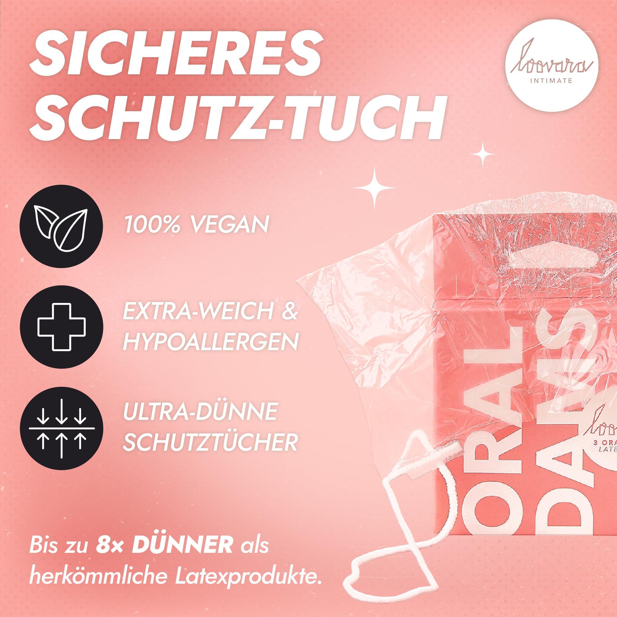 Loovara Oral Dams : 100% vegan, extra doux, hypoallergénique, ultra-fin, sans latex.