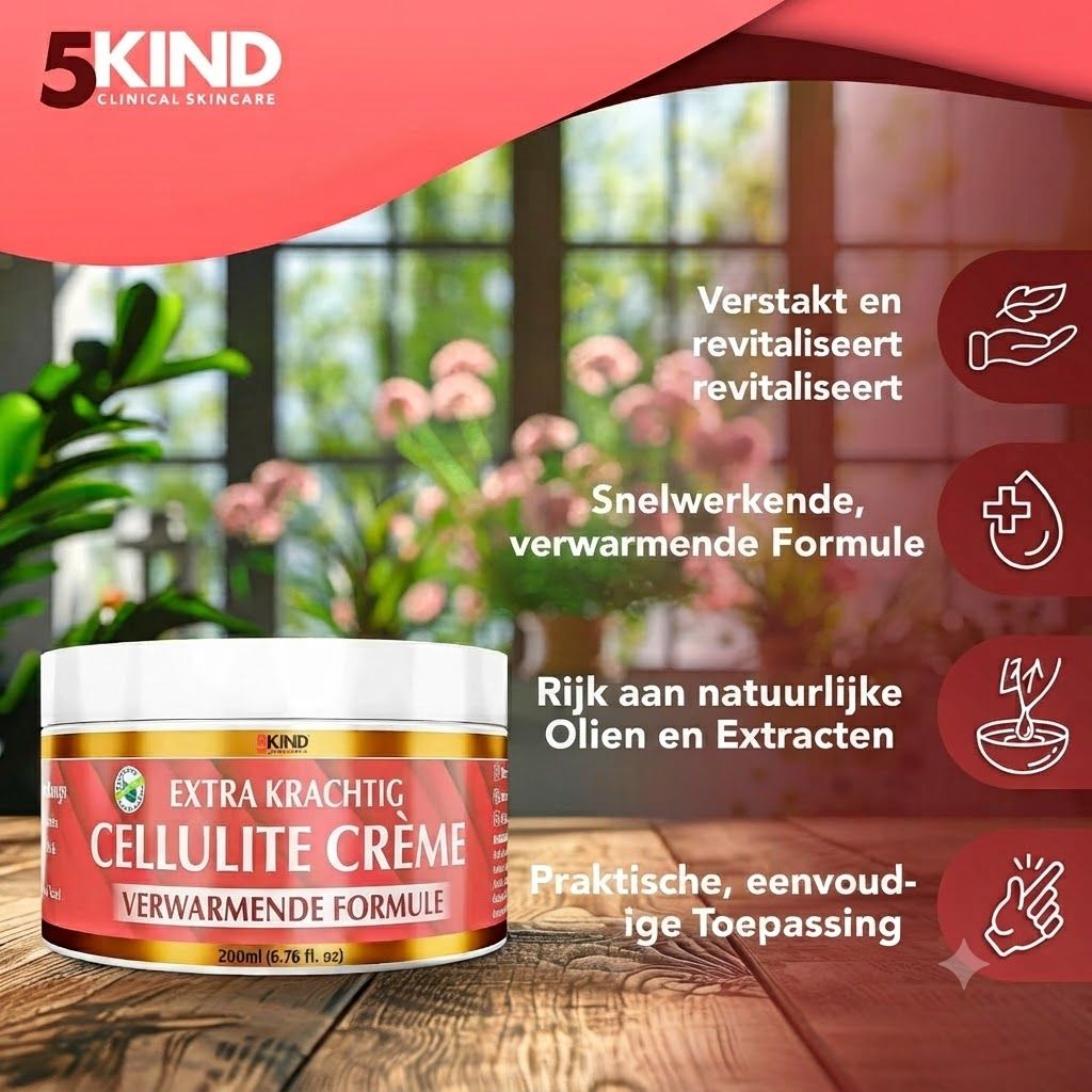 Een witte pot met een rood etiket waarop staat 'Extra Kräftig Cellulite Crème' en 'Verwarmende Formule'.