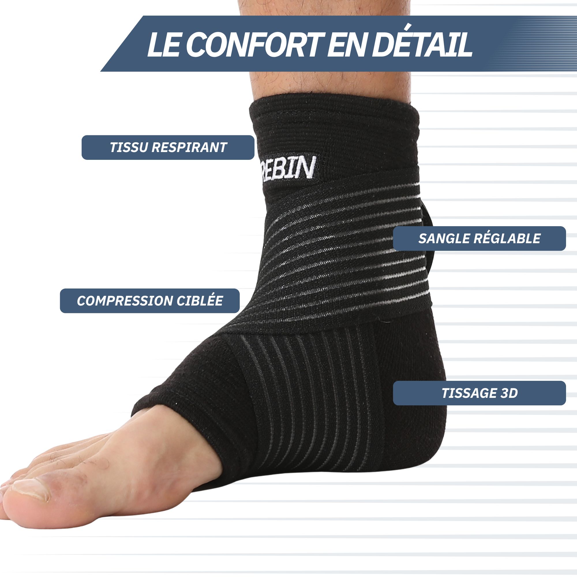 Bande de cheville noire avec sangle réglable et tissu respirant 3D.