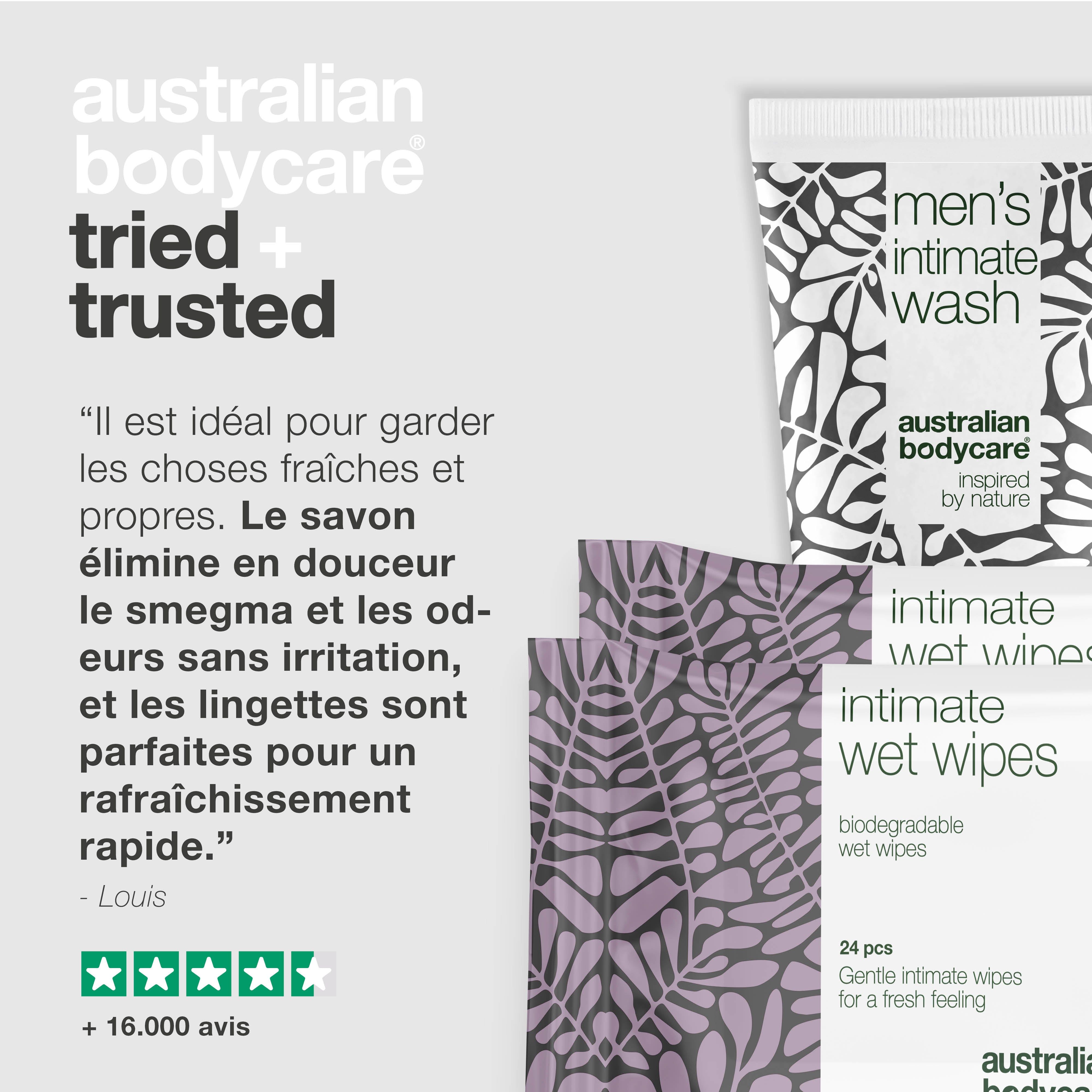 Gel lavant intime et lingettes. Marque : Australian Bodycare. Texte : Essayé et approuvé.