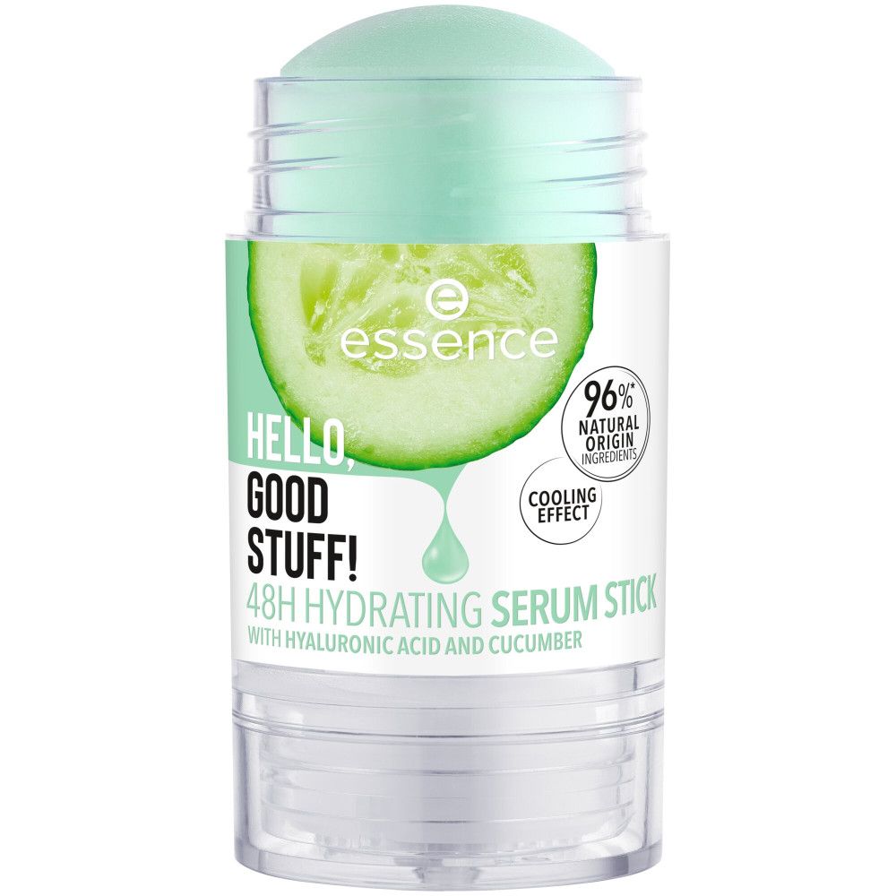 Stick de sérum avec motif concombre et texte. Contient 96% d'ingrédients naturels. Effet rafraîchissant. Boîtier transparent.