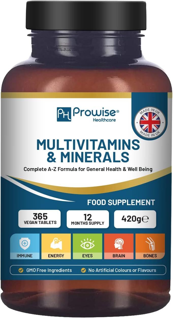 Bruine fles "Prowise Healthcare" Multivitaminen & Mineralen. Bevat 365 veganistische tabletten. Met UK-zegel.
