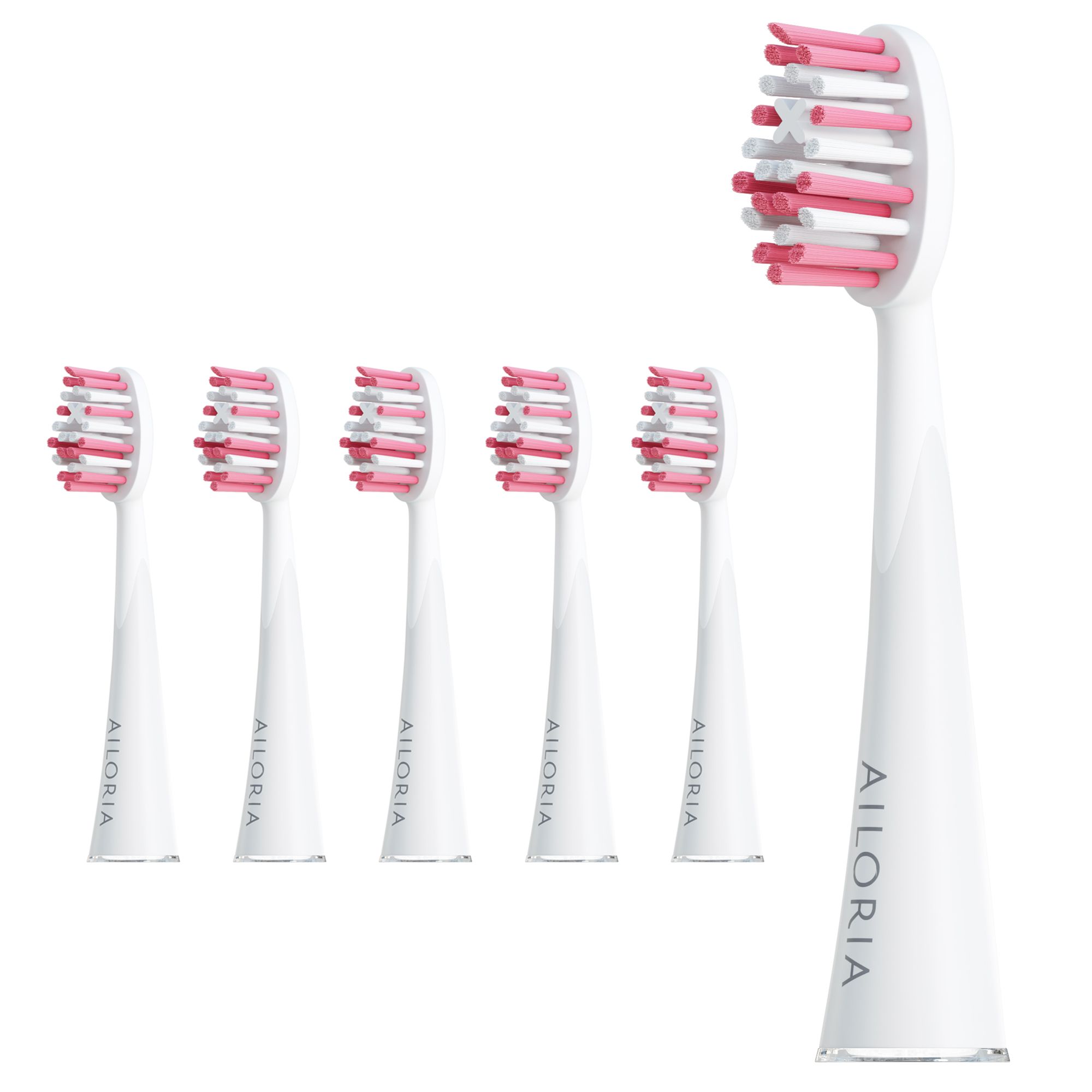 Têtes de brosse à dents blanches avec poils roses. Six pièces, une au premier plan, cinq en arrière-plan. Inscription AILORIA.