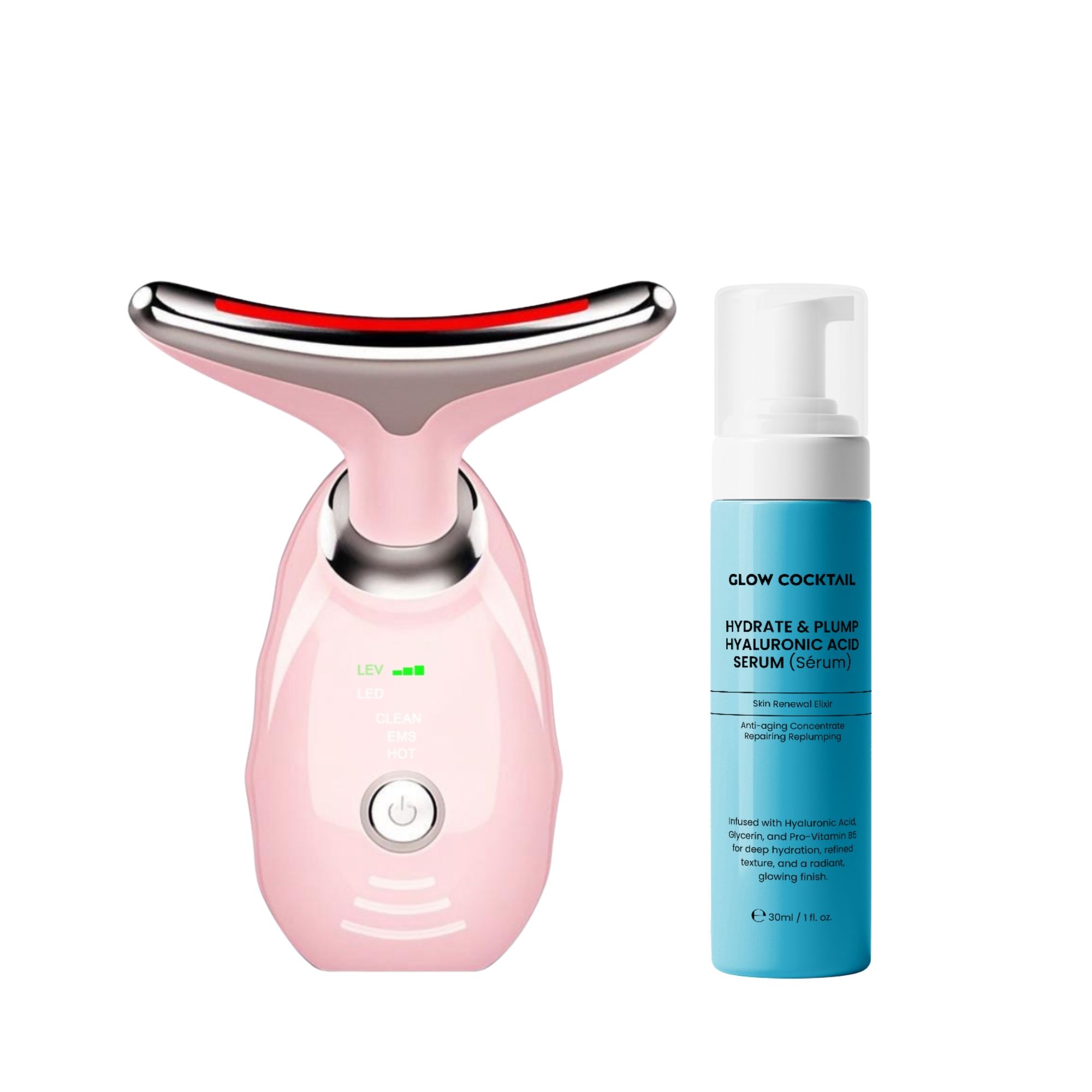 Glow Cocktail Anti Aging Gezichts en Halsmassageapparaat Roze met Hyaluronzuur Serum