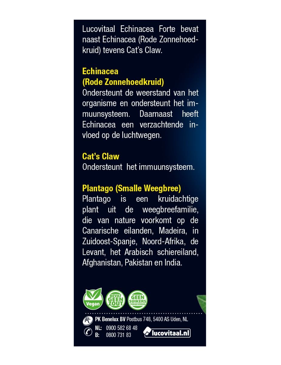 Tekst op de verpakking van Lucovitaal Echinacea Forte. Beschrijft de ingrediënten en hun werking.