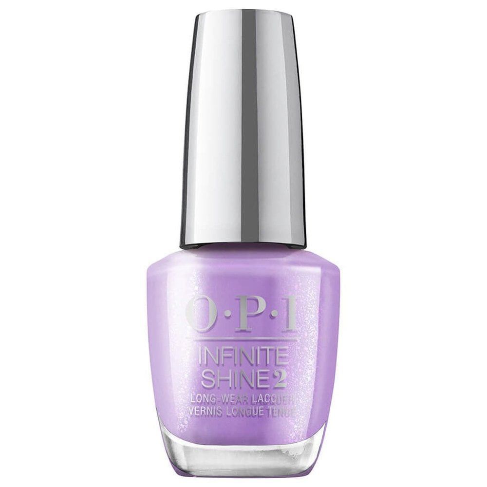 Flacon de vernis à ongles OPI Infinite Shine. Vernis lilas, bouchon argenté.